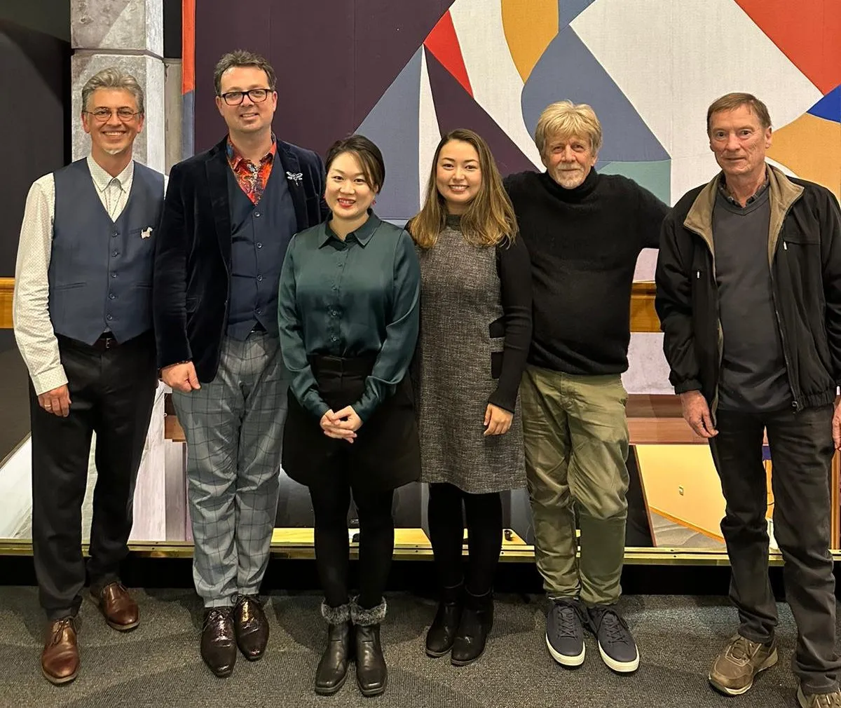 2023 NZ Composer Session participants (L to R): Mark Menzies (soloist), Chris Adams, Alissa Long, Salina Fisher, Chris Cree Brown, John Elmsly